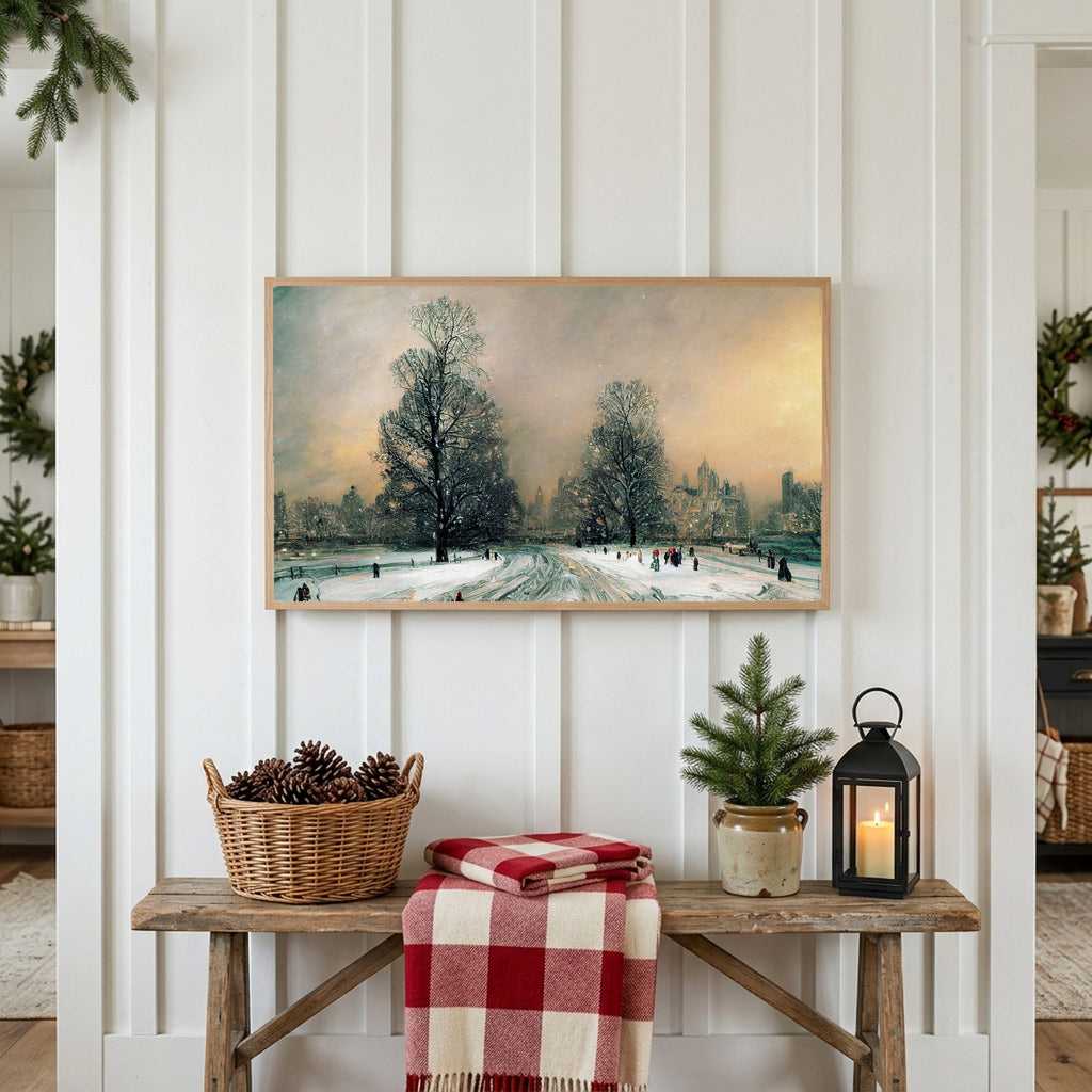 Winter Frame TV art above a rustic bench with pine cones and a red check blanket on a white plank wall