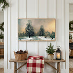 Winter Frame TV art above a rustic bench with pine cones and a red check blanket on a white plank wall