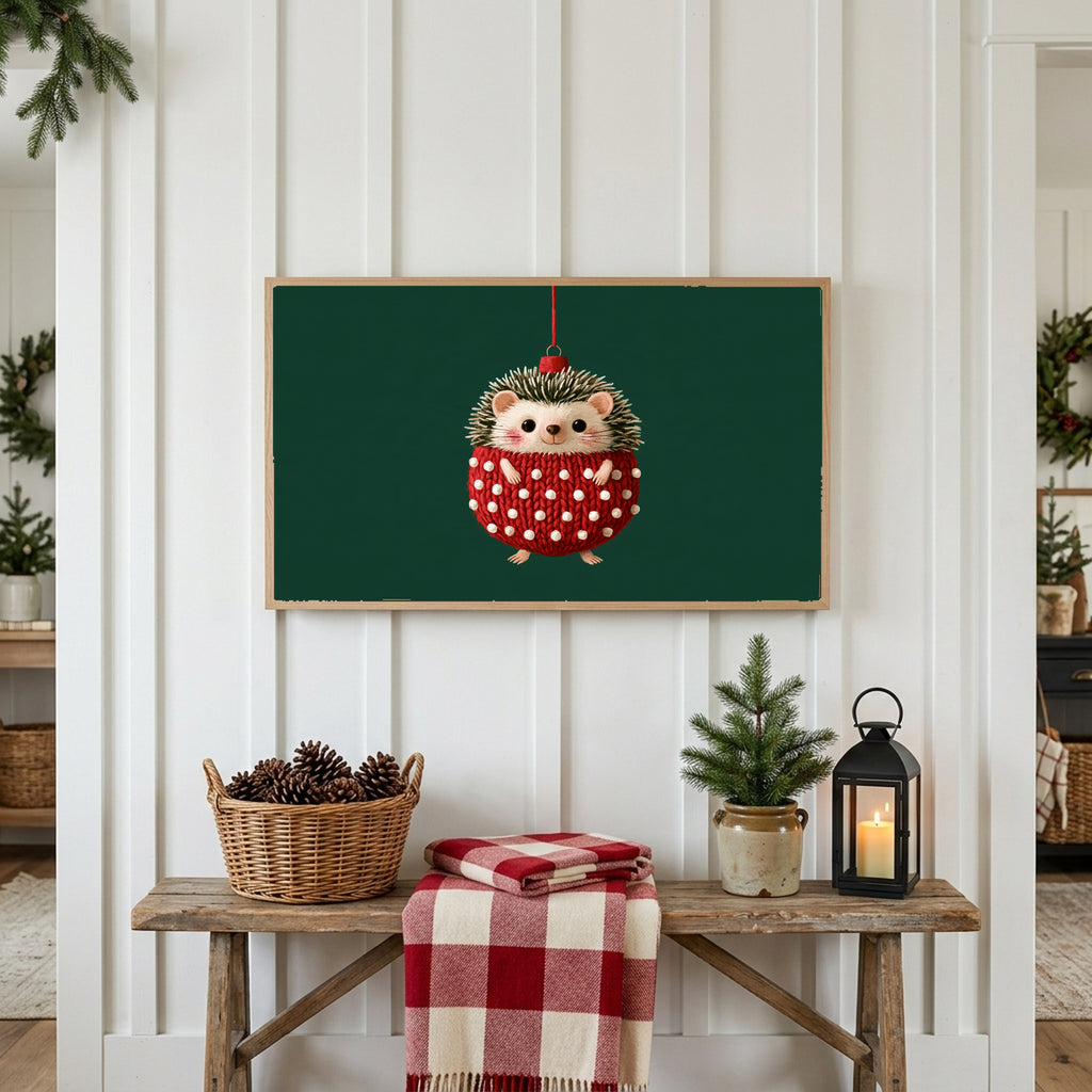 Hedgehog ornament Frame TV art above a rustic bench with pine cones and a red check blanket on a white plank wall