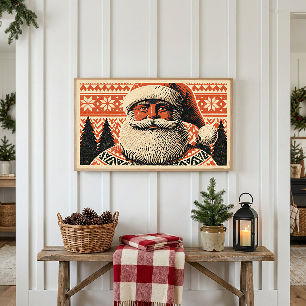 Santa portrait Frame TV art above a rustic bench with pine cones and a red check blanket on a white plank wall