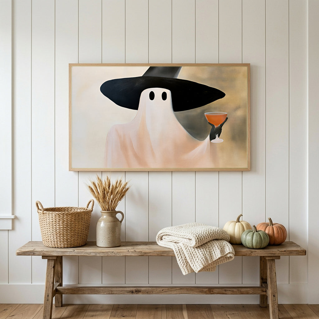 Halloween Frame TV art above a rustic bench with heirloom pumpkins on a white plank wall