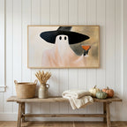 Halloween Frame TV art above a rustic bench with heirloom pumpkins on a white plank wall