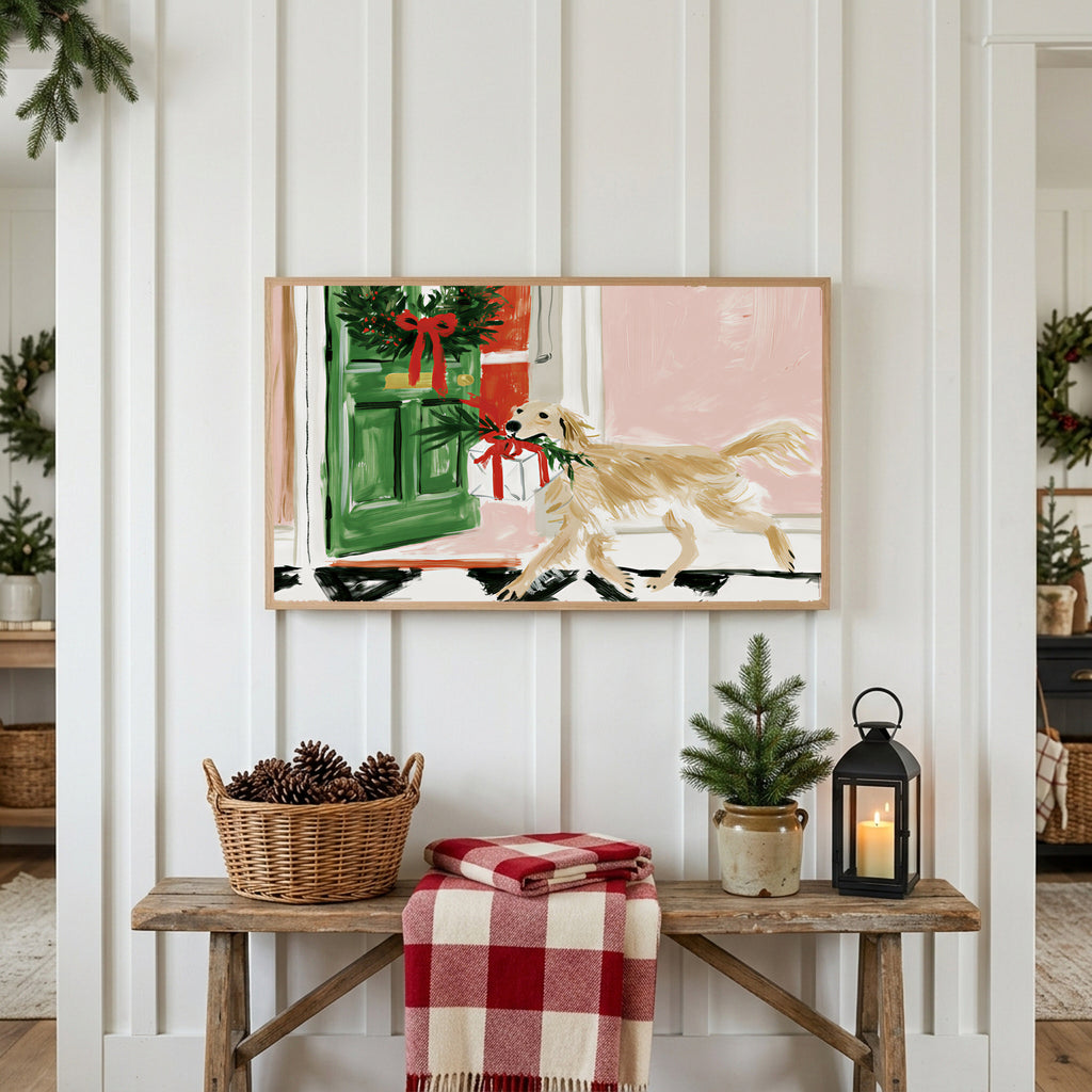 Christmas Frame TV art above a rustic bench with pine cones and a red check blanket on a white plank wall