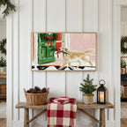 Christmas Frame TV art above a rustic bench with pine cones and a red check blanket on a white plank wall