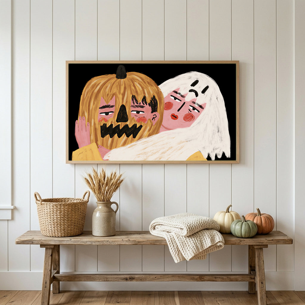 Halloween Frame TV art above a rustic bench with heirloom pumpkins on a white plank wall