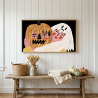 Halloween Frame TV art above a rustic bench with heirloom pumpkins on a white plank wall