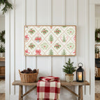 Christmas holly and candy cane pattern Frame TV art above a rustic bench with pine cones and a red check blanket on a white plank wall