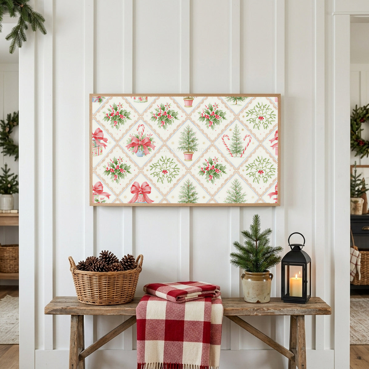 Christmas holly and candy cane pattern Frame TV art above a rustic bench with pine cones and a red check blanket on a white plank wall