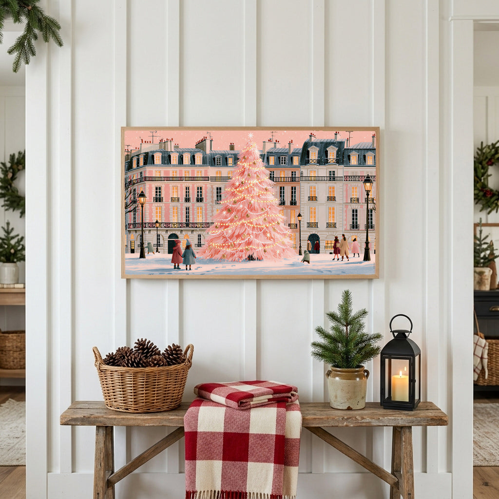 Paris pink Christmas tree Frame TV art above a rustic bench with pine cones and a red check blanket on a white plank wall