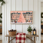 Paris pink Christmas tree Frame TV art above a rustic bench with pine cones and a red check blanket on a white plank wall