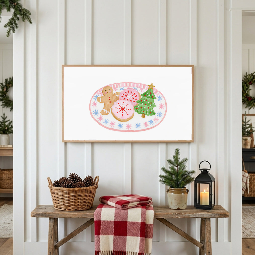 Christmas cookies Frame TV art above a rustic bench with pine cones and a red check blanket on a white plank wall