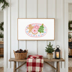 Christmas cookies Frame TV art above a rustic bench with pine cones and a red check blanket on a white plank wall