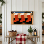 Stockings on the mantel Frame TV art above a rustic bench with pine cones and a red check blanket on a white plank wall