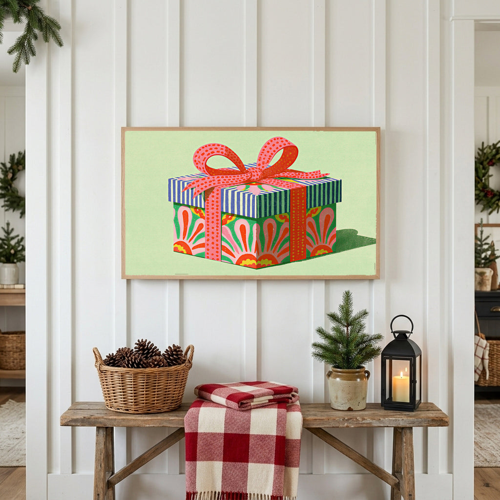 Gift box Frame TV art above a rustic bench with pine cones and a red check blanket on a white plank wall