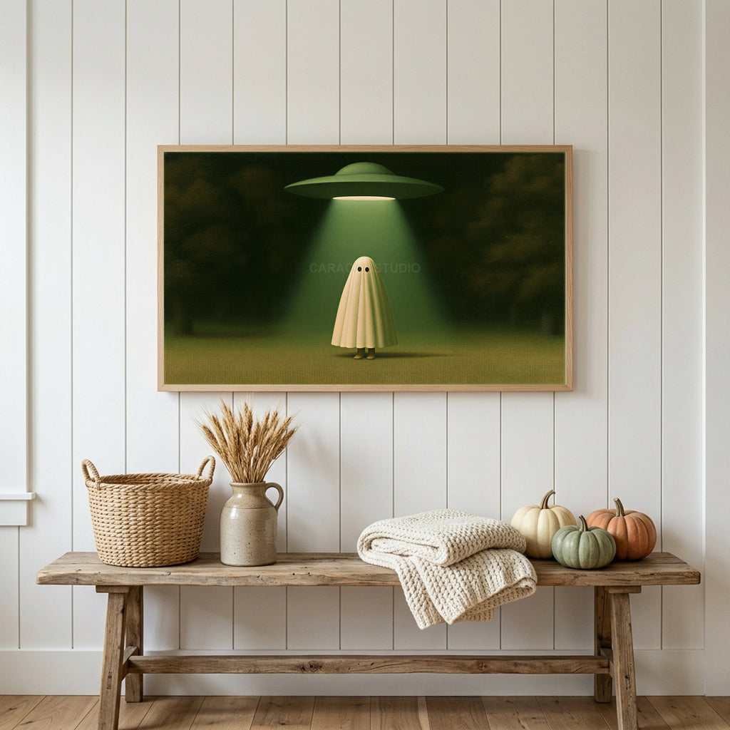 Ghost and UFO Frame TV art above a rustic bench with heirloom pumpkins on a white plank wall