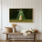 Ghost and UFO Frame TV art above a rustic bench with heirloom pumpkins on a white plank wall