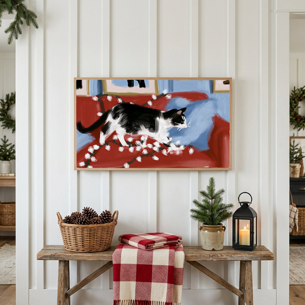 Christmas Frame TV art above a rustic bench with pine cones and a red check blanket on a white plank wall