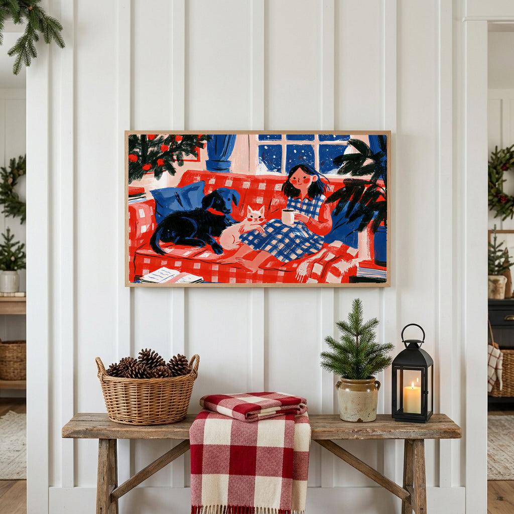Christmas Frame TV art above a rustic bench with pine cones and a red check blanket on a white plank wall