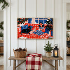 Christmas Frame TV art above a rustic bench with pine cones and a red check blanket on a white plank wall