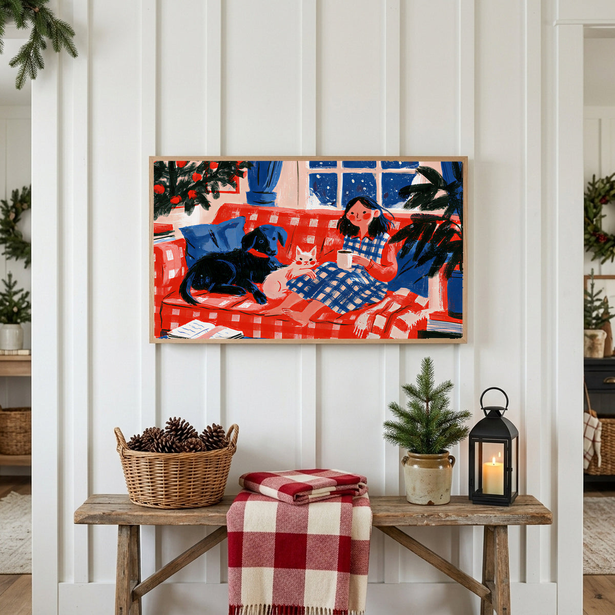 Christmas Frame TV art above a rustic bench with pine cones and a red check blanket on a white plank wall