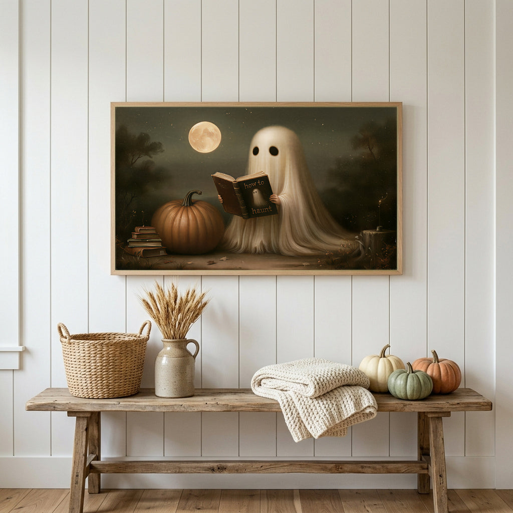 Halloween Frame TV art above a rustic bench with heirloom pumpkins on a white plank wall