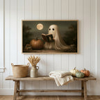 Halloween Frame TV art above a rustic bench with heirloom pumpkins on a white plank wall