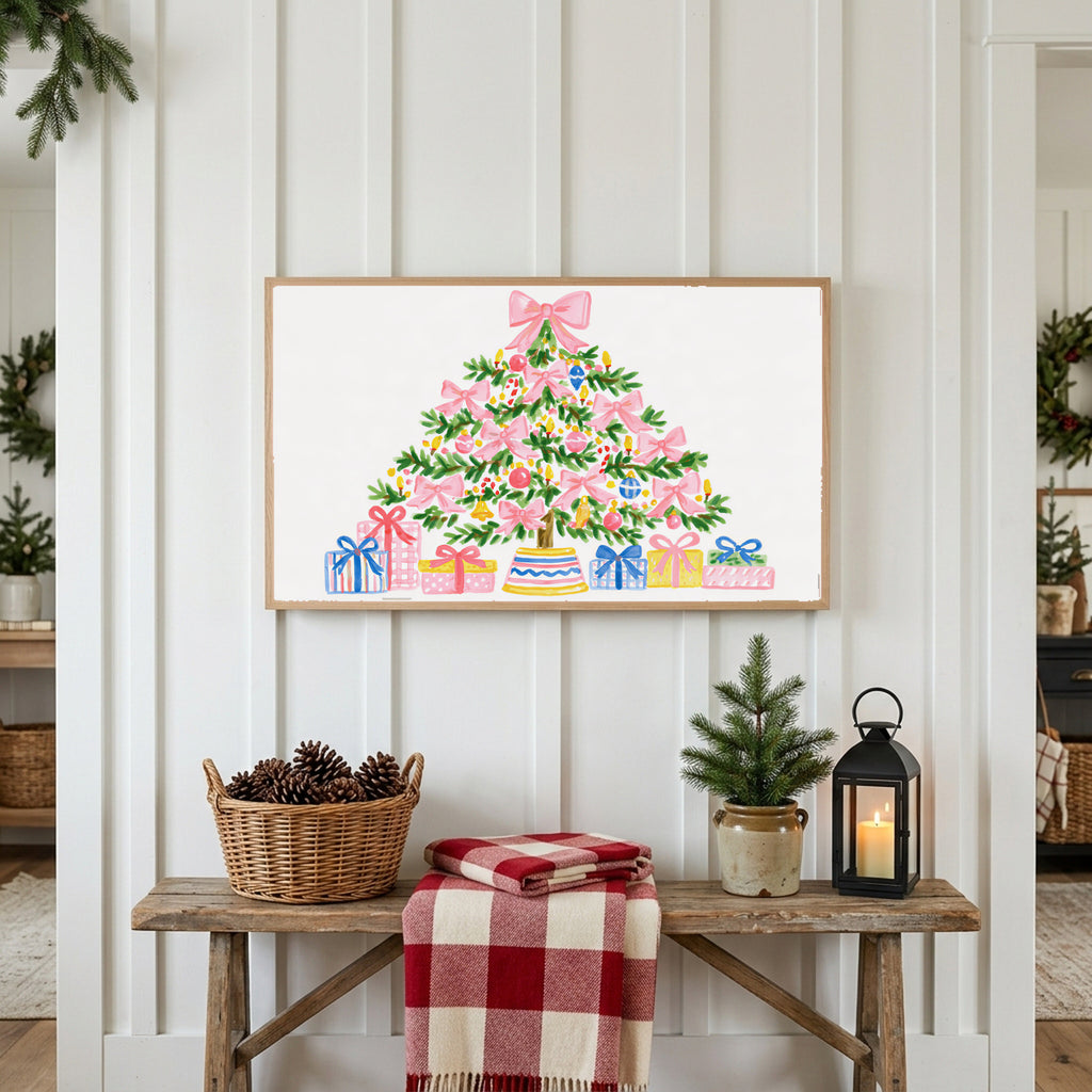 Christmas Frame TV art above a rustic bench with pine cones and a red check blanket on a white plank wall