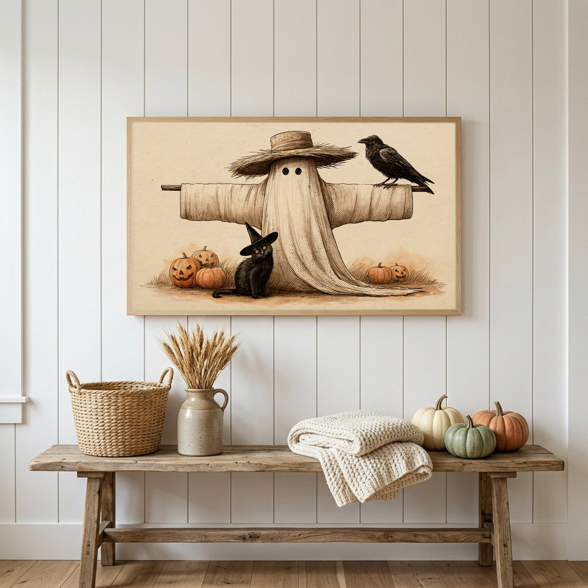Halloween Frame TV art above a rustic bench with heirloom pumpkins on a white plank wall