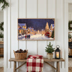 Christmas Frame TV art above a rustic bench with pine cones and a red check blanket on a white plank wall