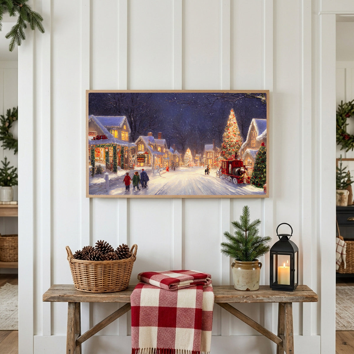 Christmas Frame TV art above a rustic bench with pine cones and a red check blanket on a white plank wall