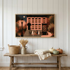 Trick or treat brownstone Frame TV art above a rustic bench with heirloom pumpkins on a white plank wall