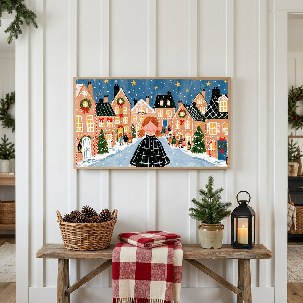 Christmas Frame TV art above a rustic bench with pine cones and a red check blanket on a white plank wall