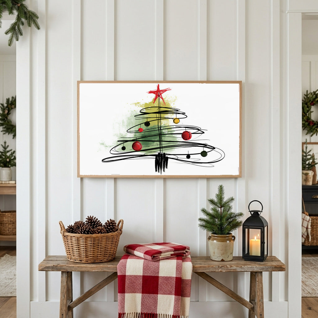 Scribble Christmas tree Frame TV art above a rustic bench with pine cones and a red check blanket on a white plank wall