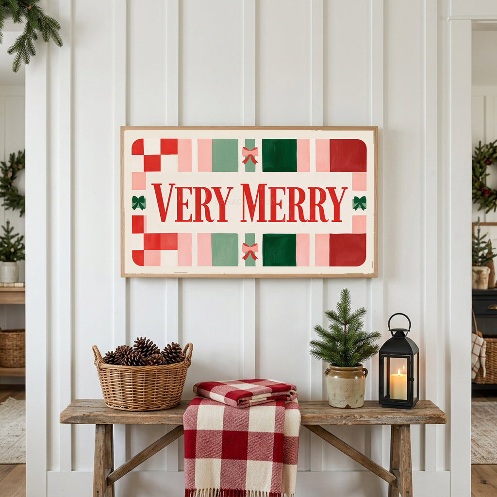 Very Merry typography Frame TV art above a rustic bench with pine cones and a red check blanket on a white plank wall