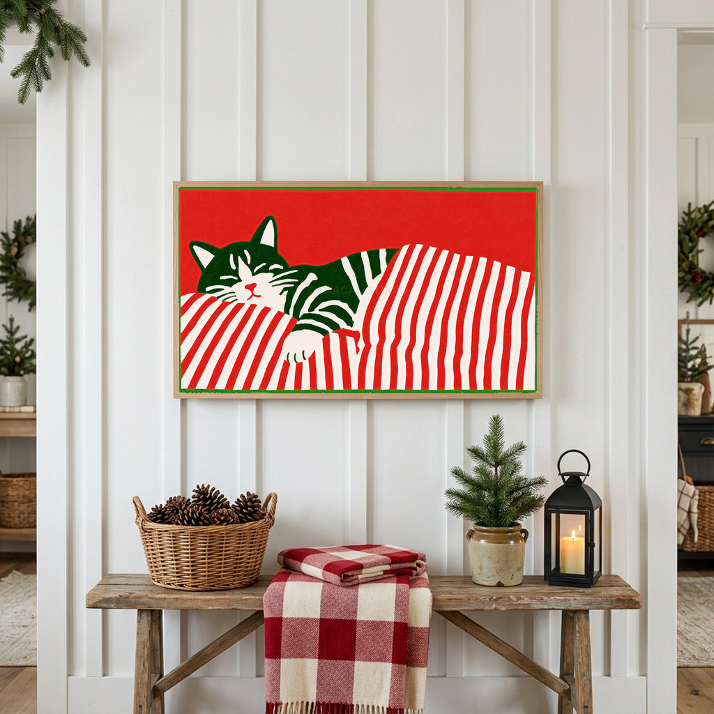 Sleeping cat and candy cane stripes Frame TV art above a rustic bench with pine cones and a red check blanket on a white plank wall
