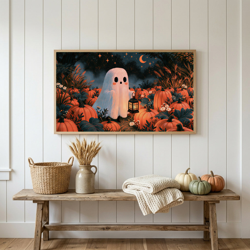 Halloween Frame TV art above a rustic bench with heirloom pumpkins on a white plank wall