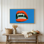 Halloween Frame TV art above a rustic bench with heirloom pumpkins on a white plank wall