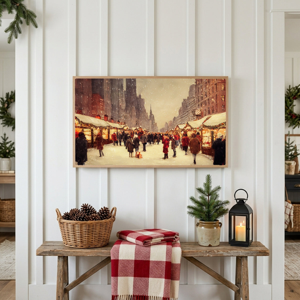 Christmas Frame TV art above a rustic bench with pine cones and a red check blanket on a white plank wall