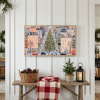 Snowy city street with a big tree Frame TV art above a rustic bench with pine cones and a red check blanket on a white plank wall