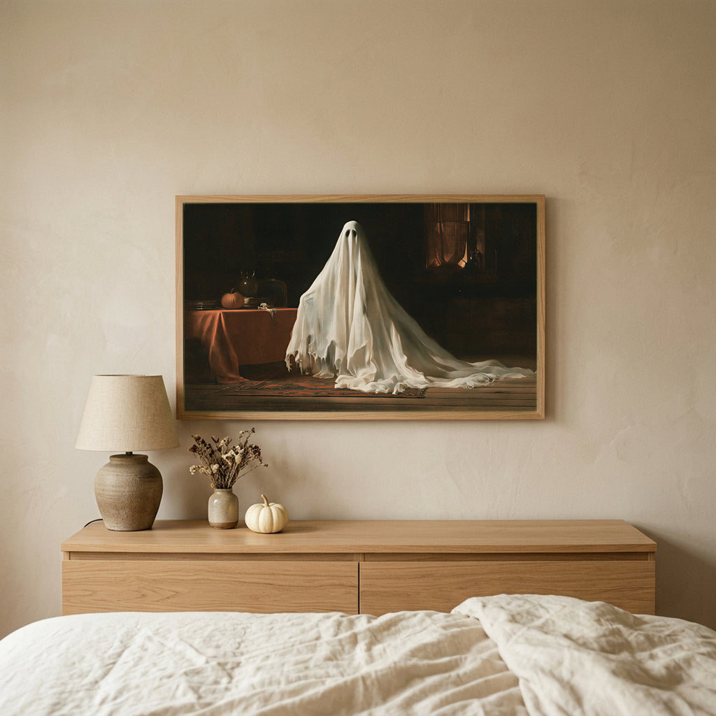 Vintage ghost Halloween TV art above an oak dresser in a calm bedroom