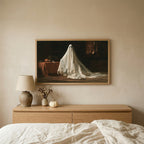 Vintage ghost Halloween TV art above an oak dresser in a calm bedroom