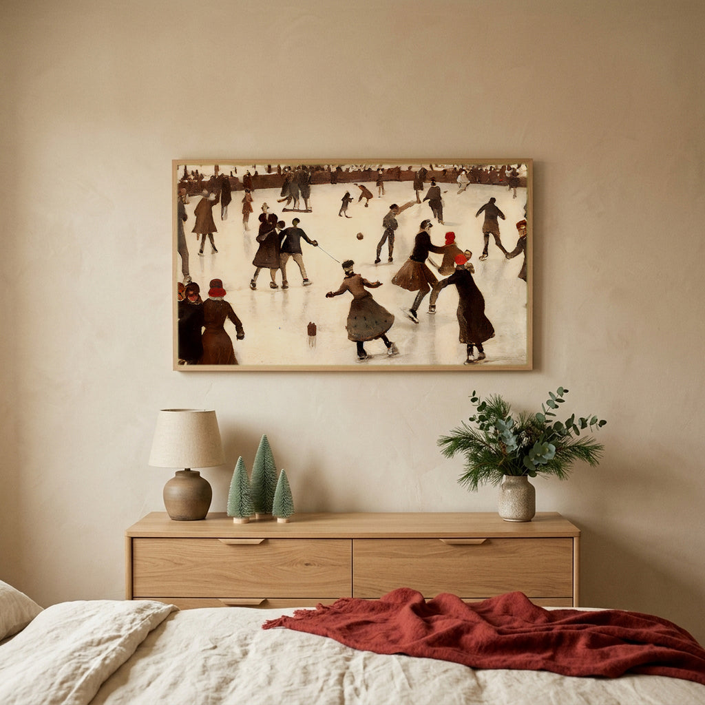 Ice skating TV art above an oak dresser with small bottle-brush trees in a calm bedroom