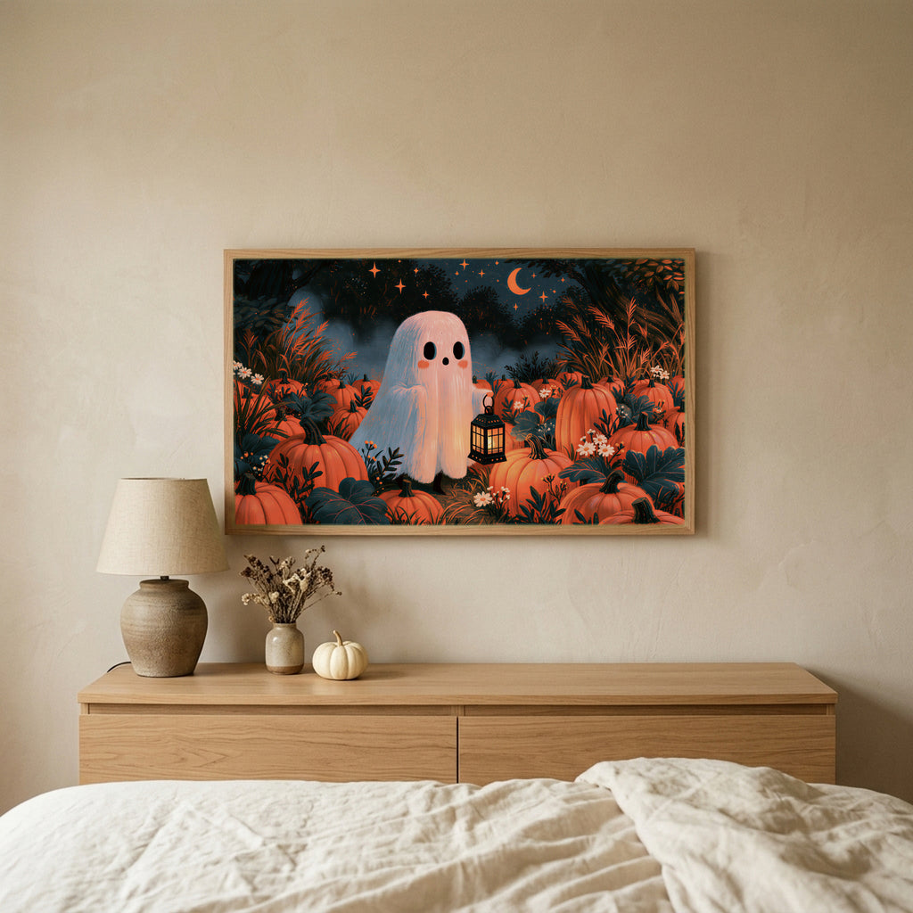 Ghost in the pumpkin patch Halloween TV art above an oak dresser in a calm bedroom