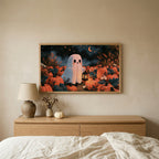 Ghost in the pumpkin patch Halloween TV art above an oak dresser in a calm bedroom