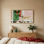 Labrador with a Christmas present Christmas TV art above an oak dresser with small bottle-brush trees in a calm bedroom