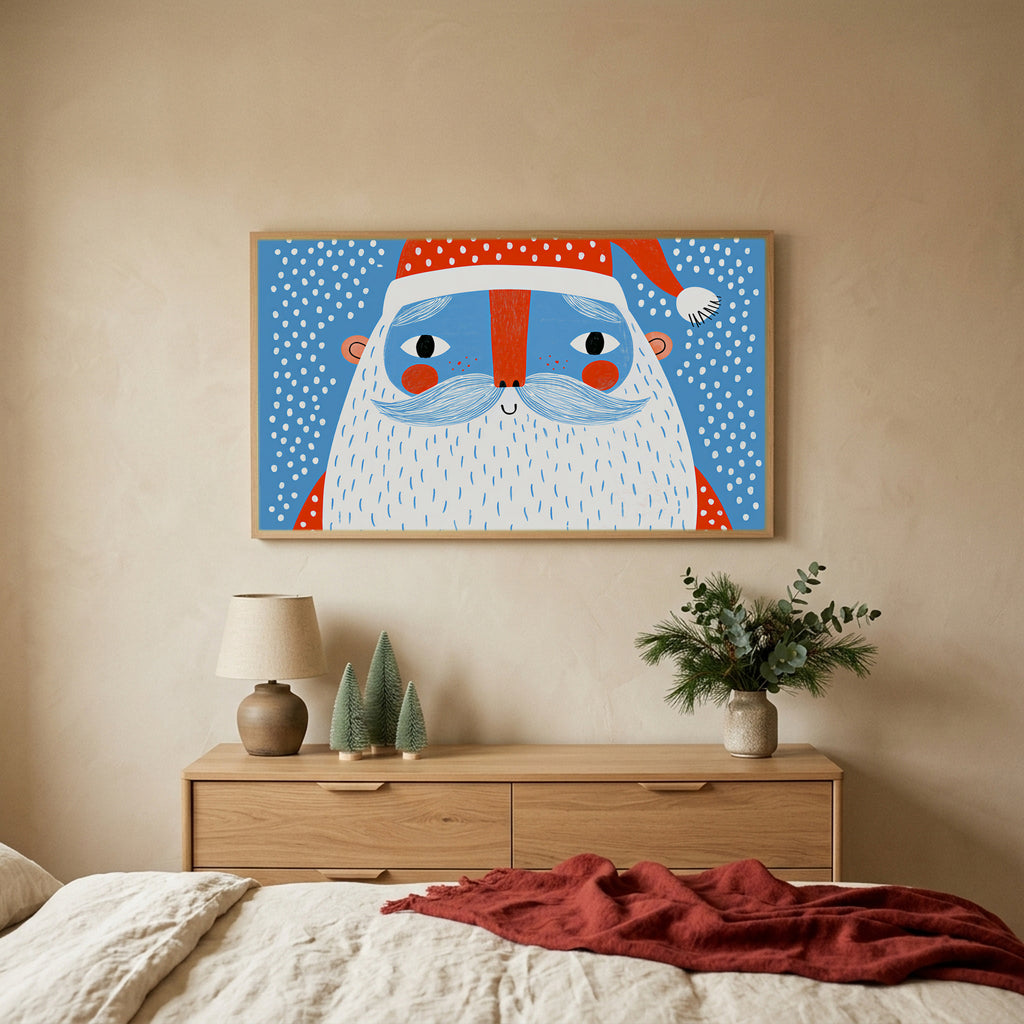 Santa face TV art above an oak dresser with small bottle-brush trees in a calm bedroom