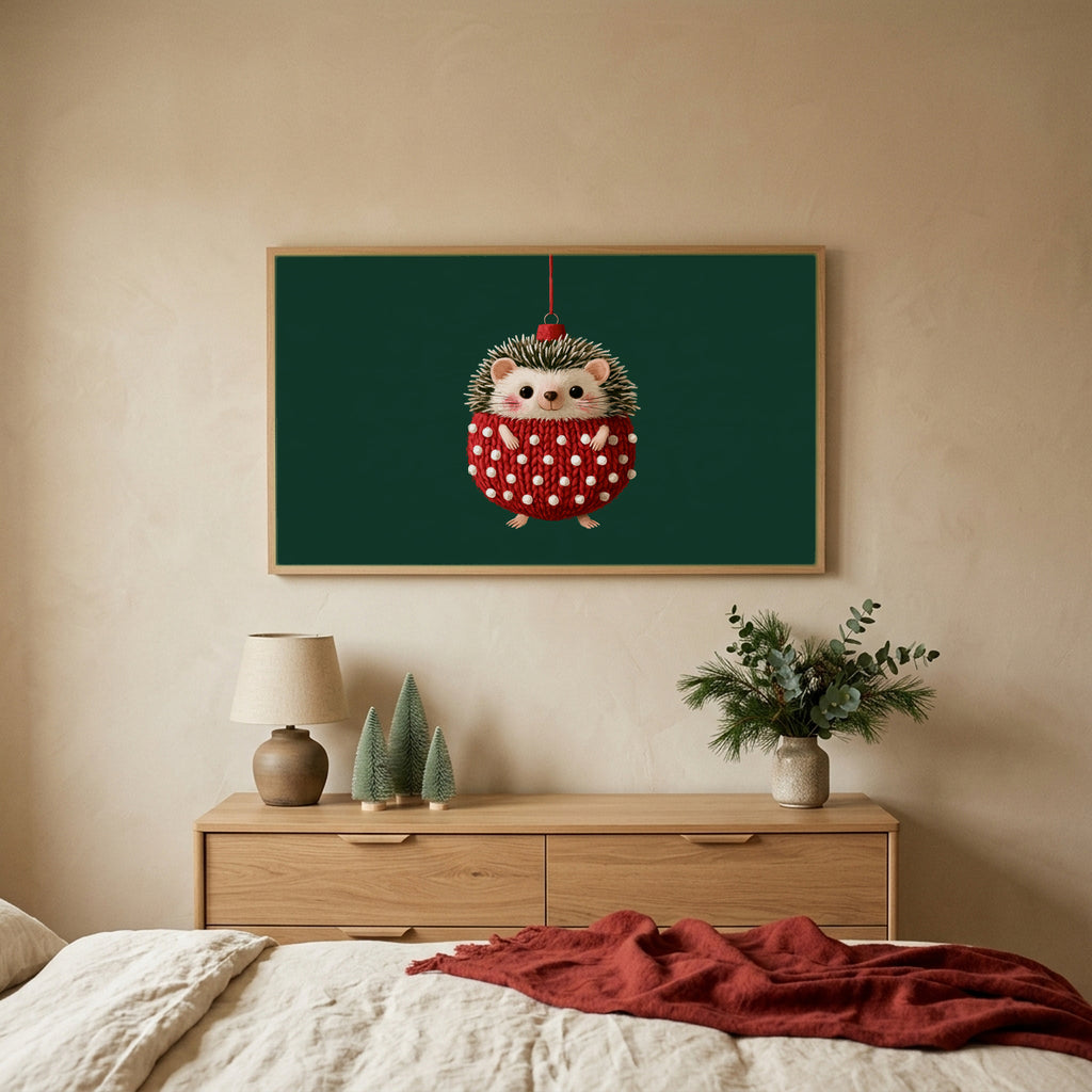 Hedgehog ornament TV art above an oak dresser with small bottle-brush trees in a calm bedroom