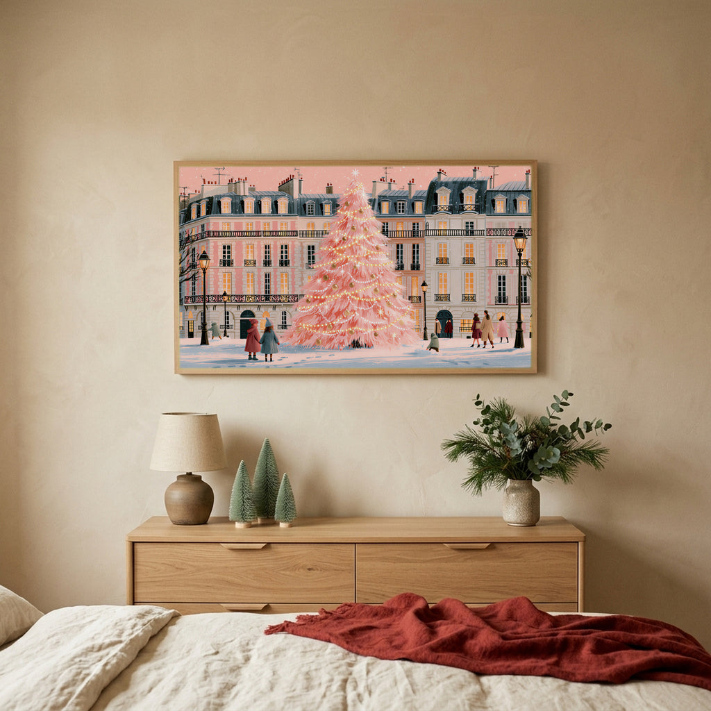 Paris pink Christmas tree TV art above an oak dresser with small bottle-brush trees in a calm bedroom