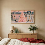 Paris pink Christmas tree TV art above an oak dresser with small bottle-brush trees in a calm bedroom