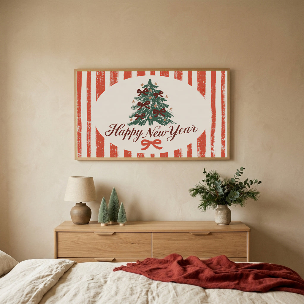 Happy New Year TV art above an oak dresser with small bottle-brush trees in a calm bedroom